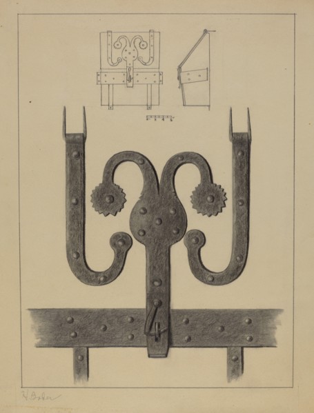Pa. German Hinges and Hasp on a Conestoga Wagon Tool Box, c. 1937.
