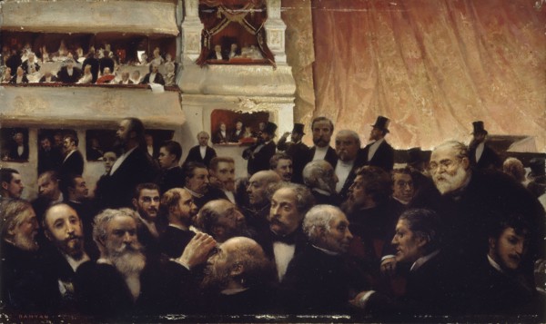 Intermission of a premiere at the Comedie-Francaise, 1885.