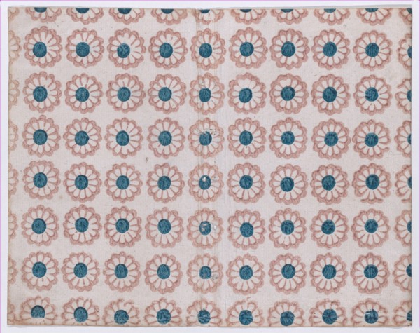 Sheet with overall pattern of pink flowers with blue centers, 19th century.