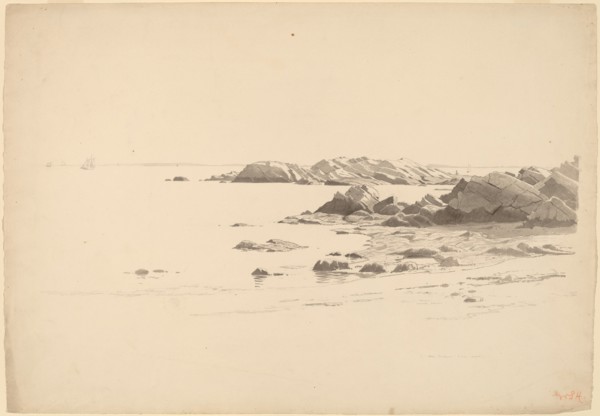 Rocklined Beach with Distant Boats, probably 1860/1869.
