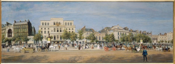 General view of theatres on Boulevard du Temple in 1862.