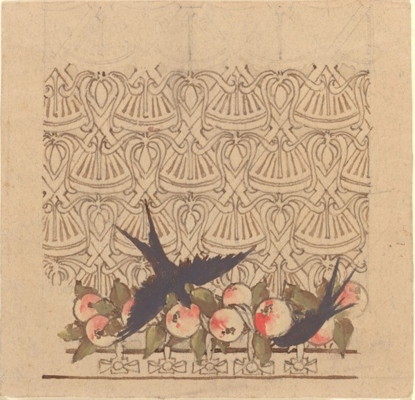 Ornamental design with two birds pecking at fruit, c.1890s.