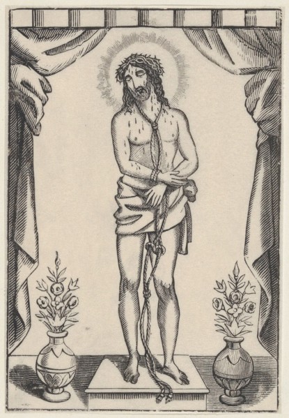 Christ standing with a rope around his neck and blood dripping down his face
