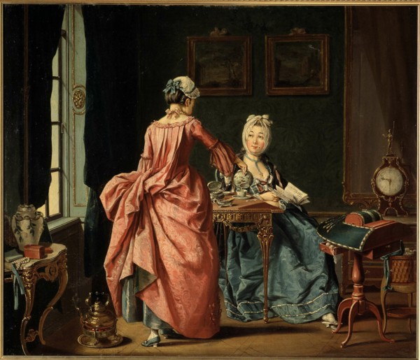 A woman is reading, the chambermaid brings tea, 1775. Creator: Hilleström, Pehr (1732-1816).