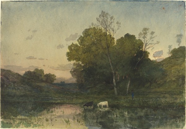Evening Light on a Wooded Lakeside with Cattle Drinking, 1882.