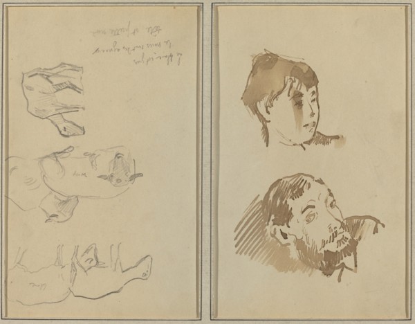 Five Sheep; Head of a Woman and Head of a Bearded Man [recto], 1884-1888.