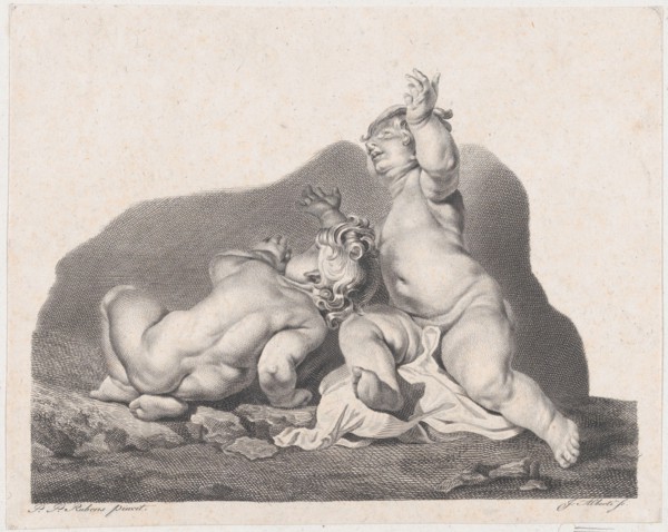 Two children lying on the ground, one seen from behind, 19th century.