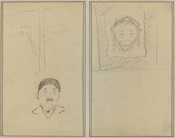 Landscape and Head of Man; Head of Monkey Inside a Square [recto], 1884-1888.