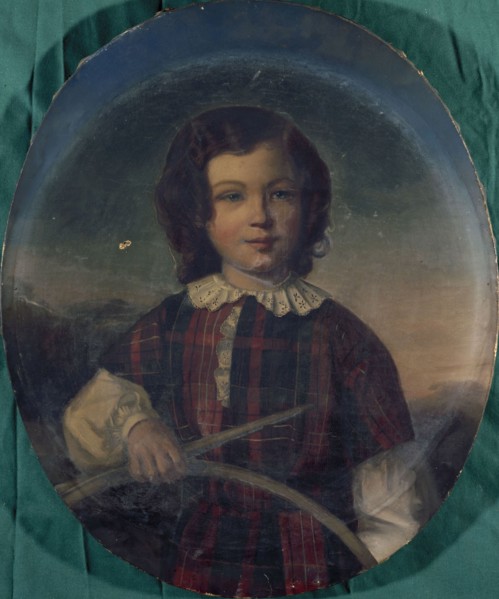 Portrait of a young boy in Scottish costume holding a hoop, between 1801 and 1900.
