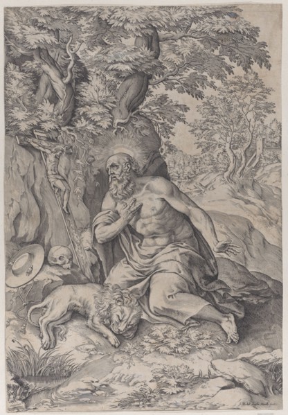 Saint Jerome in the wilderness, with a lion at left, 1578-80.