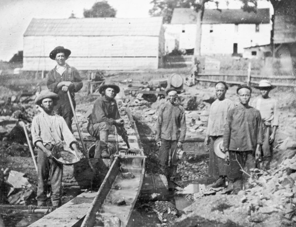 Western and Chinese miners during the California Gold Rush at Auburn Ravine, 1852. Private Collection.