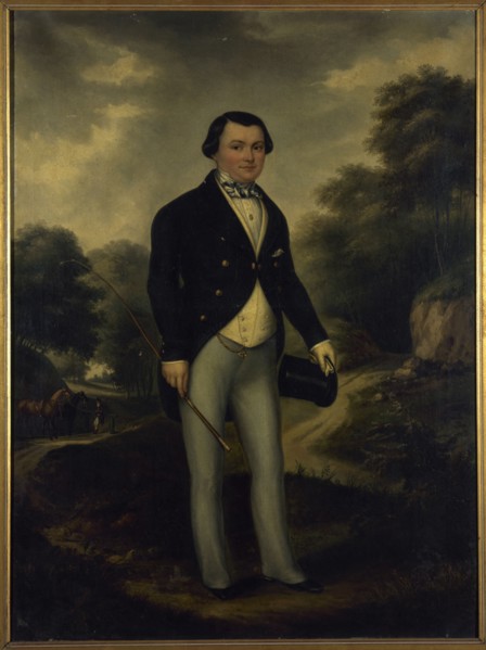 Portrait of Alexandre Perumon (1815-1886), in riding outfit, Bois de Boulogne, c1845.