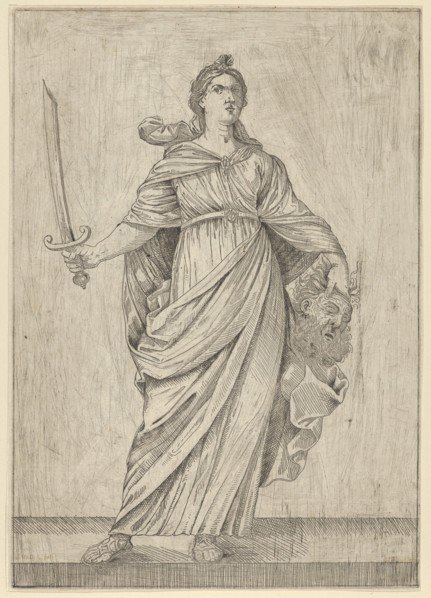 Judith standing on a ledge holding the head of Holofernes in her left hand.., 17th century. Creator: Anon.