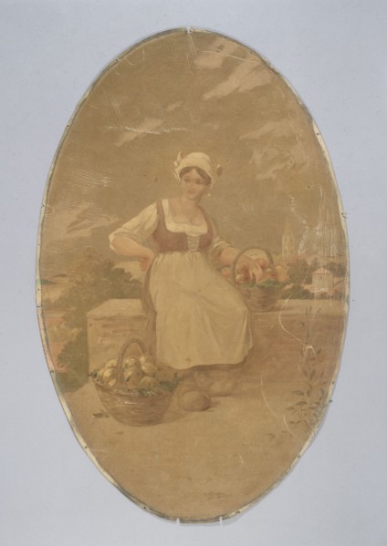 Farm worker seated near two baskets of apples. Decorative painting for the Cafe de Paris, c1900.