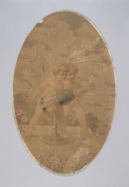Two cupids uncorking a bottle of champagne. Decorative painting for the Cafe de Paris, c1900.