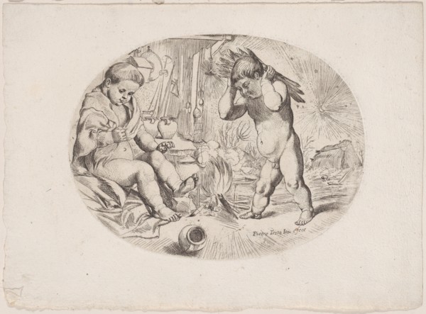Putto at left by a fire, another at right carrying wood, an allegory of the seasons, ca.1650-80. Creator: Anon.
