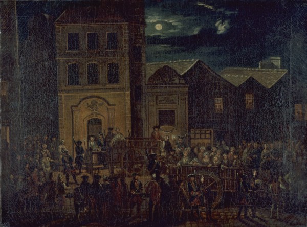 Transport des filles de joie du dépôt Saint-Martin à la Salpêtrière, vers 1750, c1750.