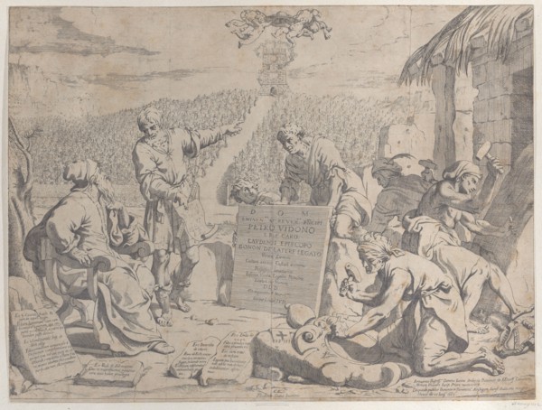 Stonemasons carving the arms of the Bolognese Cardinal Petro Vidono, under his direction, 1663.
