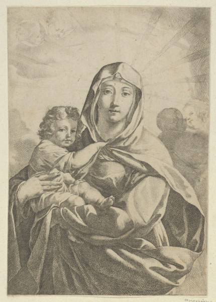 The Virgin standing facing front and holding the infant Christ, angels behind them in the clouds, ca 1700-1800.