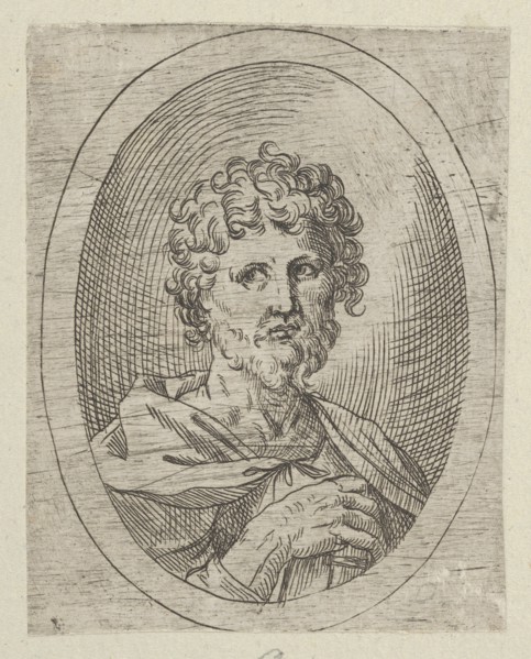 An apostle with a short beard holding a closed book, from Christ, the Virgin, and Thirteen Apostles, 1600-1640.