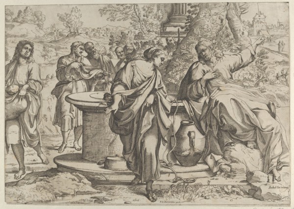 The Samaritan woman standing at the well, Christ seated next to her pointing to the right, after Annibale Caracci, 1610.