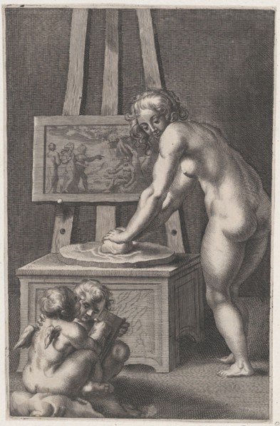 Pictura: allegory of painting, with a nude woman at center grinding pigments, two putti drawing at lower left, ca. 1610-50.