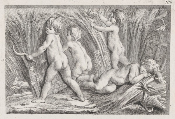 Nude children shearing wheat; an allegory of Summer; after a bas-relief on the Fontaine des Quatre-Saisons (Paris), after 1745.