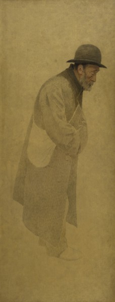 La Bouchée de pain : vieil homme coiffé d'un chapeau melon, une besace en bandoulière, c.1904.