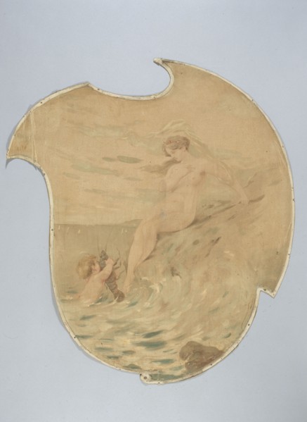 Woman by the sea with a child carrying a crayfish. Decorative painting for the Cafe de Paris, c1900.
