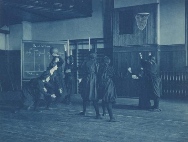 Female students playing basketball, Western High School, Washington, D.C., (1899?).