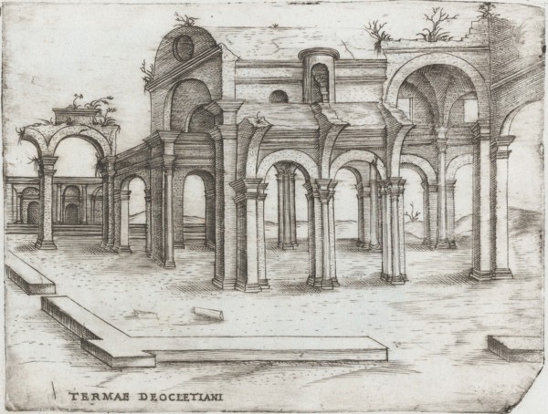 Sepulchrum Adriani, from a Series of Prints depicting (reconstructed) Build..., Plate ca. 1530-1550. Creator: Master GA.