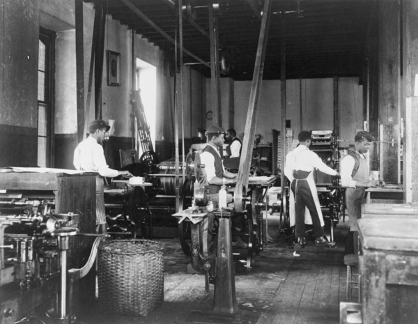 Pressmen at work in printing shop, Hampton Institute, Hampton, Virginia, 1899 or1900.