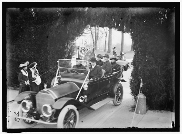 President Woodrow Wilson and wife Ellen Axson Wilson leaving the White House by car, Washington, D.C.