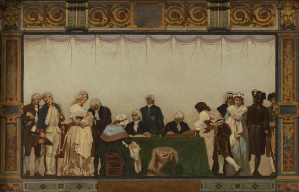 Sketch for the reception hall of the town hall of the 20th arrondissement: Birth, homeland, duty, rights, 1884.