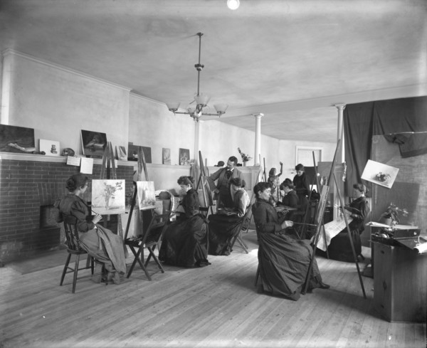 Women painting at easels in a class at the Art Students League, Washington, D.C., c1889.