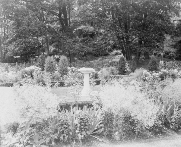 Sundial in garden, Thomas Estate(?), Beverly Farms, Massachusetts, between 1920 and 1940.