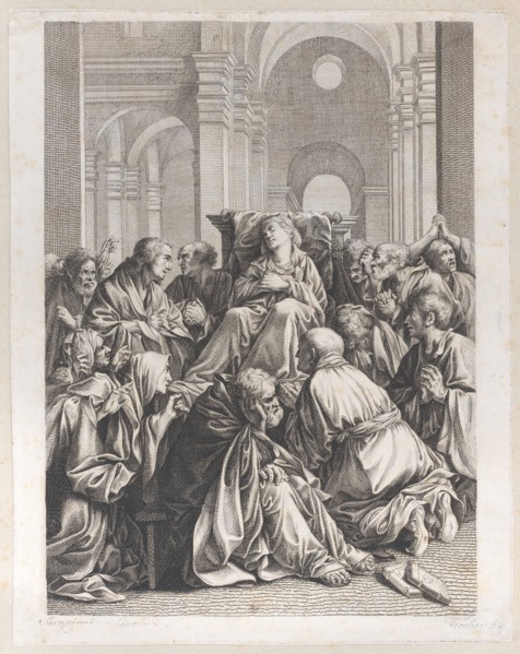 Death of the Virgin, lying on a chair at center, surrounded by Apostles, inside a temple, 1790-1822.