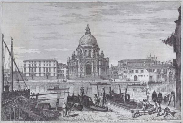 The church of Santa Maria della Salute seen across the water with gondolas in the foreground, 1741.