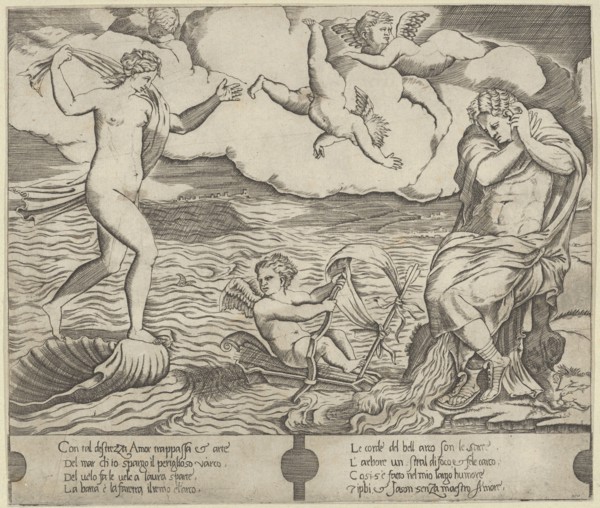 Venus riding a conch at left and cowering man (Jason) at right, Eros riding a makes..., ca. 1530-50. Creator: Anon.