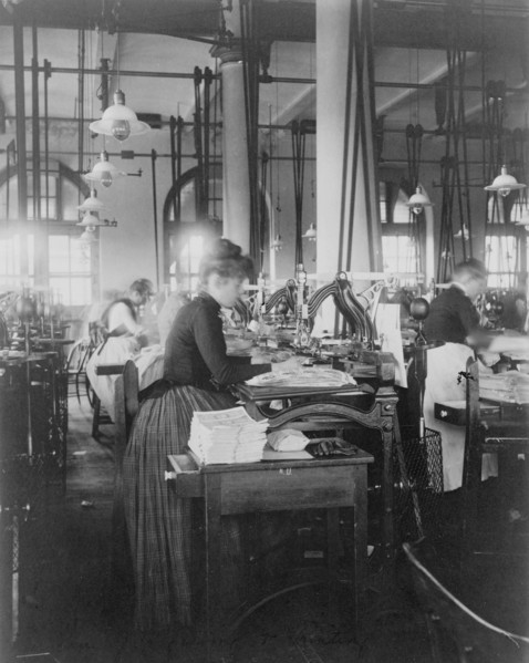 Women operating machinery at the Bureau of Printing and Engraving, Washington, D.C., 1889 or 1890.