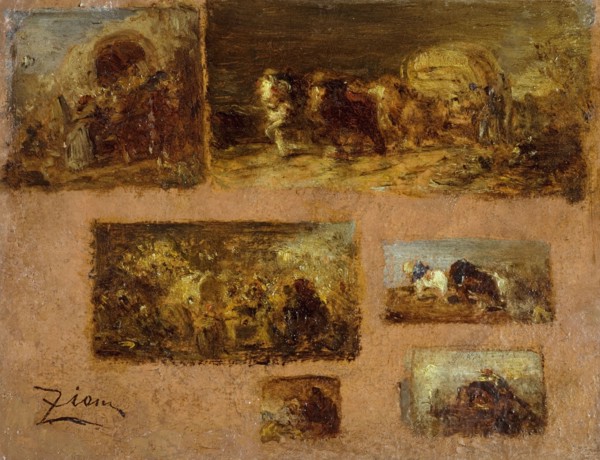 Panneau de six études de chariot (au recto) ; Paysage (au verso), between 1843 and 1844.