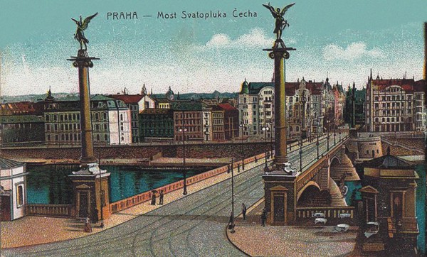 View across Vltava river looking at Cech Bridge and Old Town, c. 1910. Creator: Anonymous.