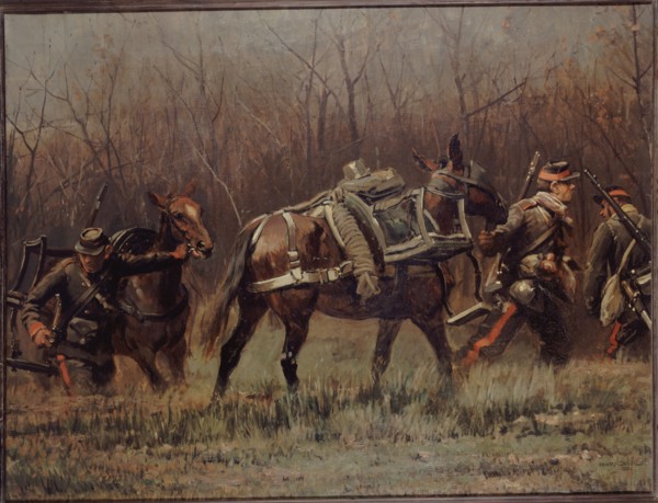 Military scene: mobile units leading ambulance mules (fragment of the panorama of Champigny), 1881.