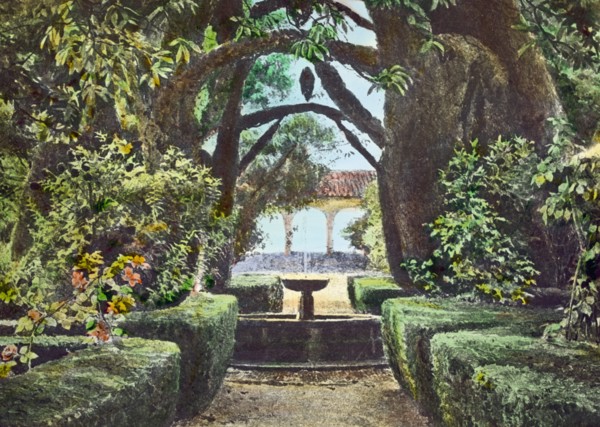 Reproduction of illustration showing a garden fountain, between 1915 and 1925. Creator: Frances Benjamin Johnston.