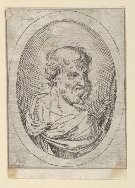 Saint Simon seen from behind, turning to the right and holding a saw, in an oval frame, 1600-1640. Creator: Anon.