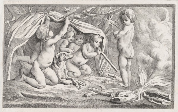Nude children and a dog warming themselves by a fire; an allegory of Winter, after a..., after 1745. Creator: Anon.