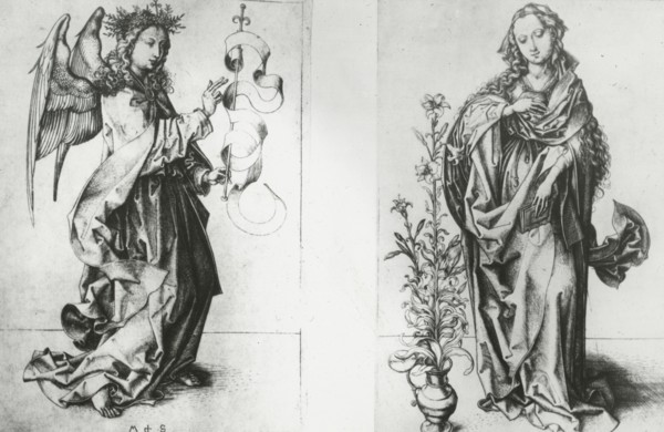 Reproduction of print showing: Madonna and Archangel Gabriel , between 1915 and 1925. Creator: Martin Schongauer.
