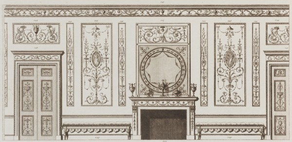Interior design of wall with door, fireplace, panels and benches (in "Designs for Various Ornaments," pl. 52), 1784.