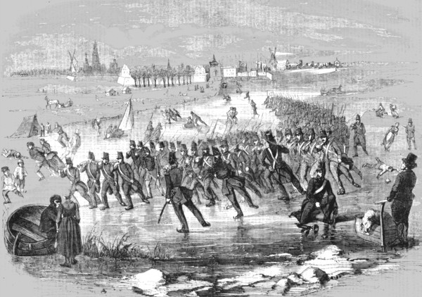 'Manoeuvres of a Regiment of Dutch Infantry upon the Ice, near Dordrecht', 1854. Creator: Unknown.