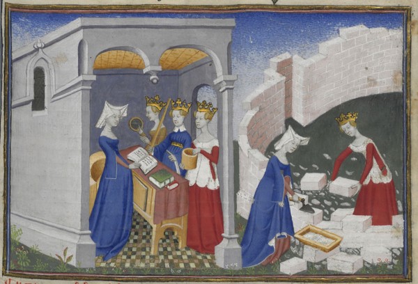 Christine de Pizan builds her city. Miniature from Cité des dames by Christine de Pizan, 1400-1410. Creator: Maître de la Cité des Dames (active ca 1400-1415).